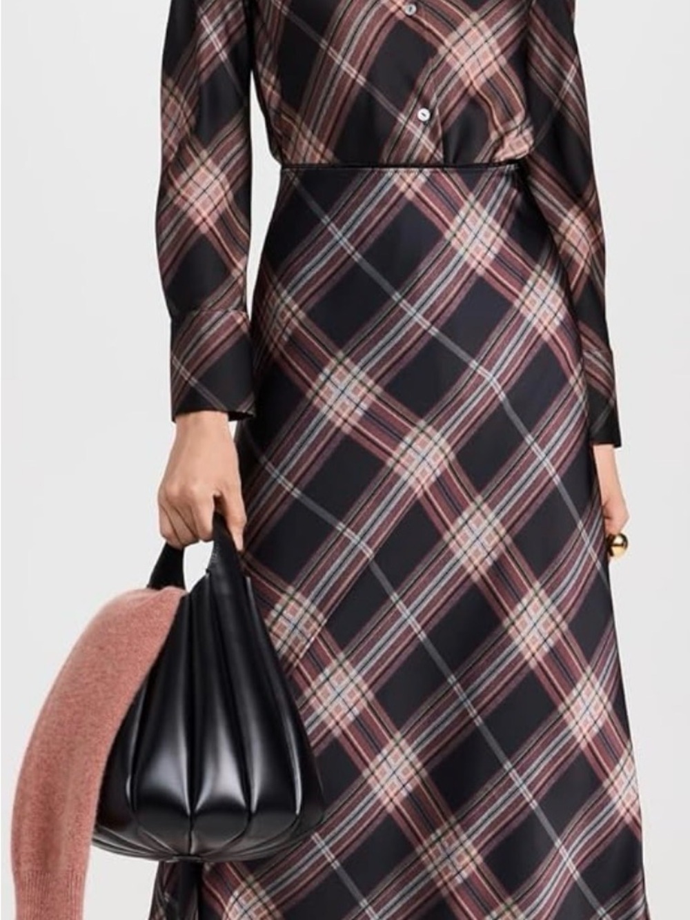 Vince Black Satin Plaid Midi Skirt Sz M